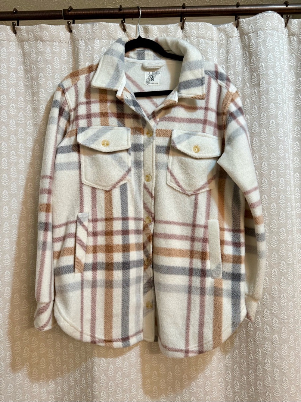 Altar'd State Cream Plaid Fleece Shacket with Brown & Gray Stripes